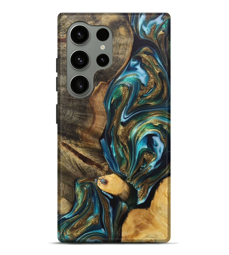 Galaxy S24 Ultra Wood+Resin Live Edge Phone Case - Bennie (Teal & Gold, 702929)