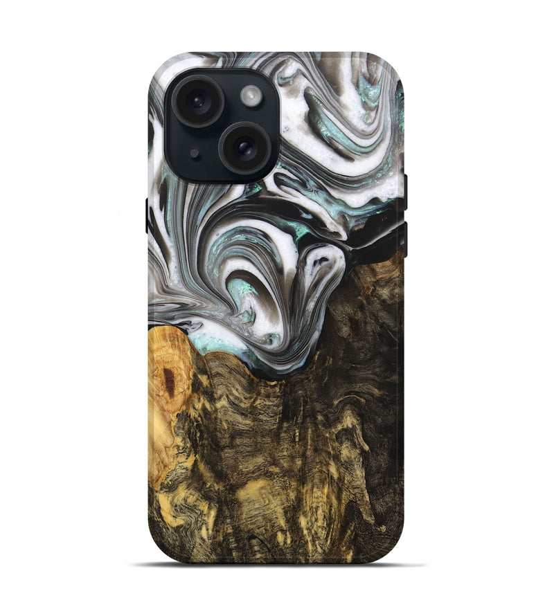 iPhone 15 Wood+Resin Live Edge Phone Case - Rudy (Black & White, 702932)