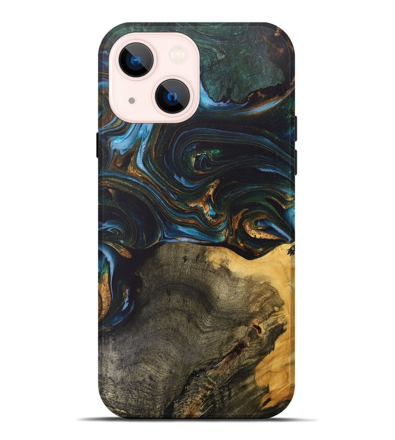 iPhone 14 Plus Wood+Resin Live Edge Phone Case - Denise (Teal & Gold, 703574)