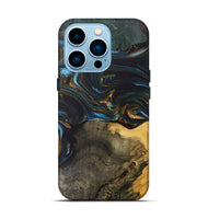 iPhone 14 Pro Wood+Resin Live Edge Phone Case - Denise (Teal & Gold, 703574)