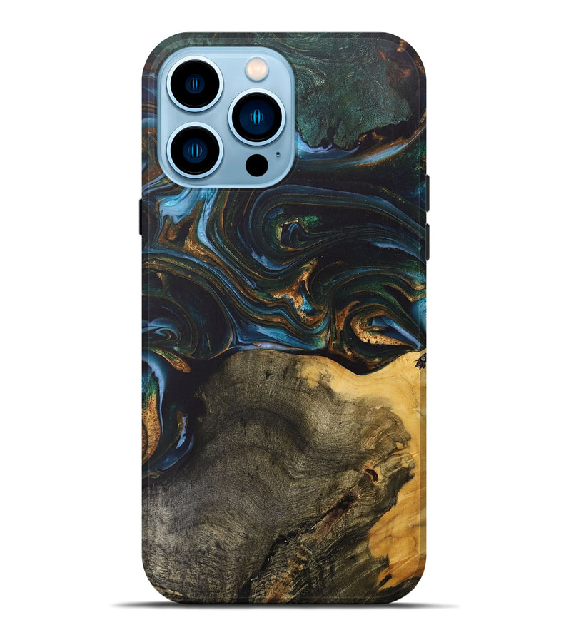 iPhone 14 Pro Max Wood+Resin Live Edge Phone Case - Denise (Teal & Gold, 703574)