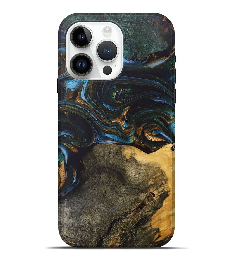 iPhone 15 Pro Max Wood+Resin Live Edge Phone Case - Denise (Teal & Gold, 703574)