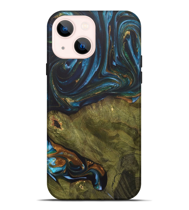 iPhone 14 Plus Wood+Resin Live Edge Phone Case - Merle (Teal & Gold, 703575)