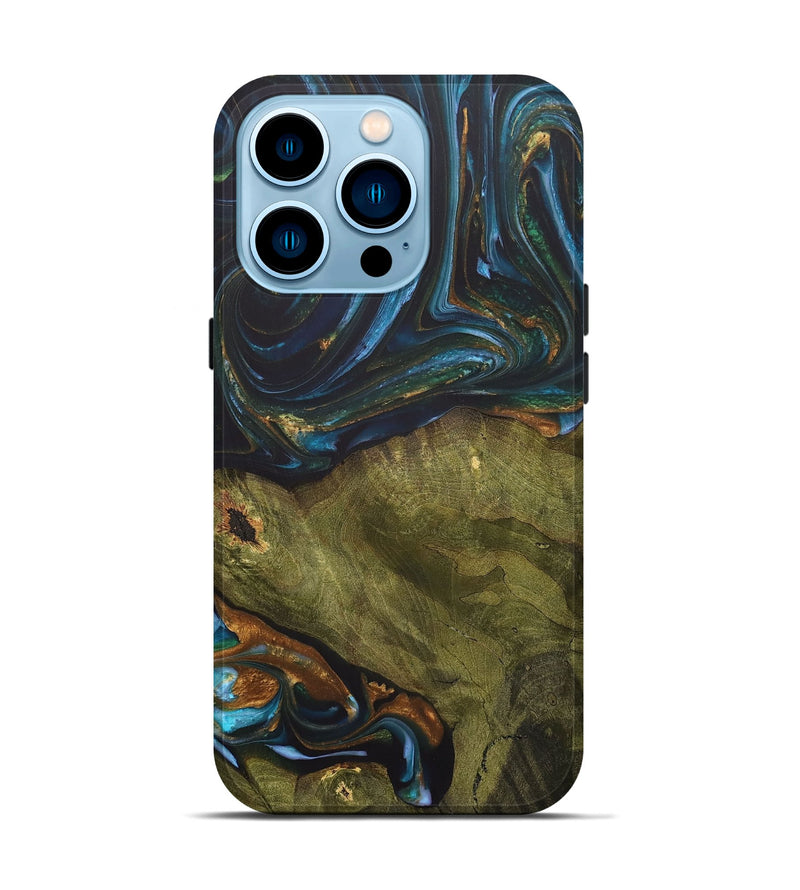 iPhone 14 Pro Wood+Resin Live Edge Phone Case - Merle (Teal & Gold, 703575)