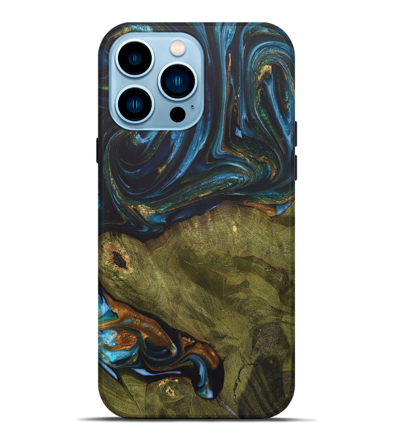 iPhone 14 Pro Max Wood+Resin Live Edge Phone Case - Merle (Teal & Gold, 703575)