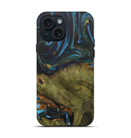 iPhone 15 Wood+Resin Live Edge Phone Case - Merle (Teal & Gold, 703575)