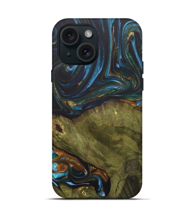 iPhone 15 Wood+Resin Live Edge Phone Case - Merle (Teal & Gold, 703575)