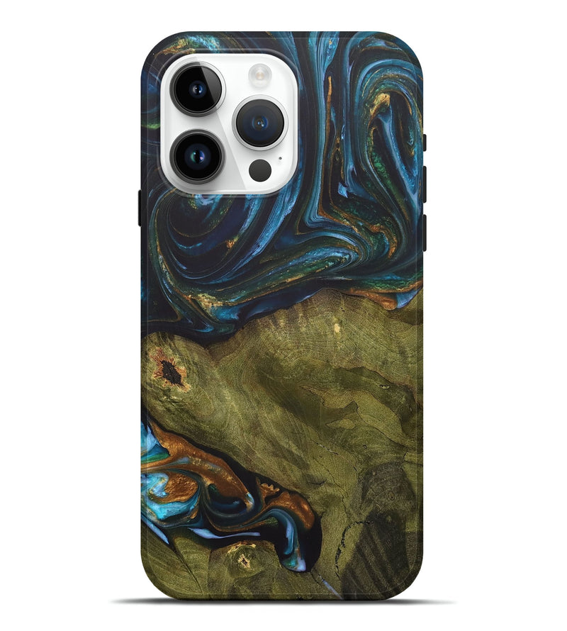 iPhone 15 Pro Max Wood+Resin Live Edge Phone Case - Merle (Teal & Gold, 703575)