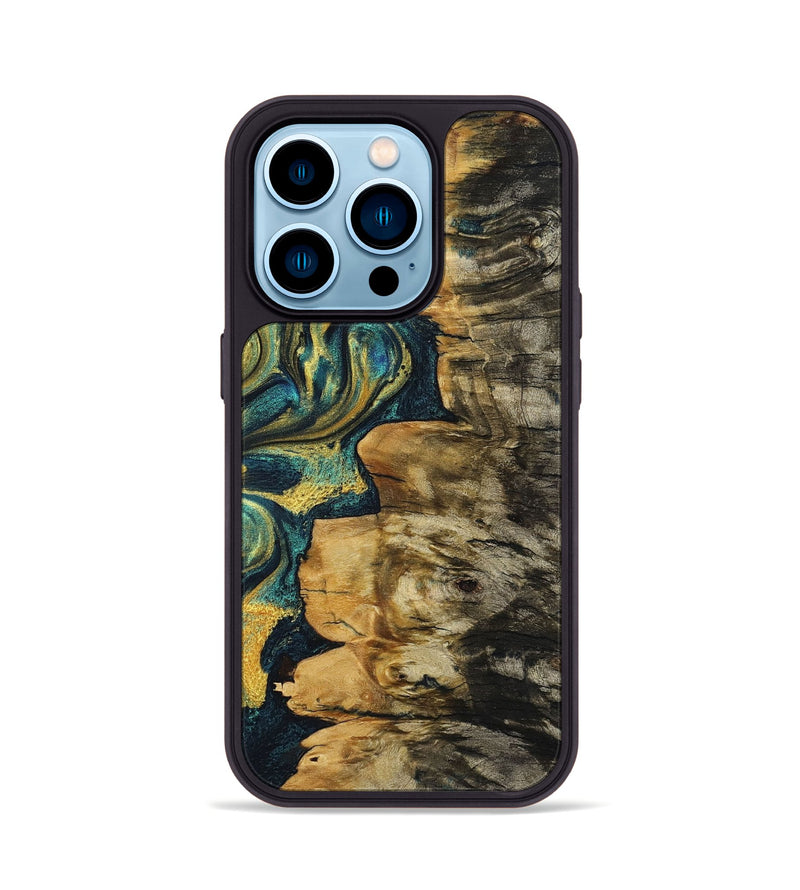 iPhone 14 Pro Wood+Resin Phone Case - Kassidy (Teal & Gold, 703624)
