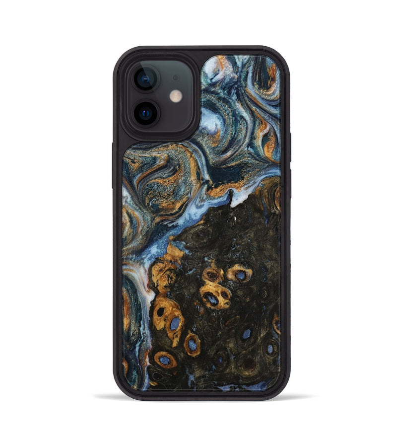 iPhone 12 Wood+Resin Phone Case - Chelsie (Teal & Gold, 703625)