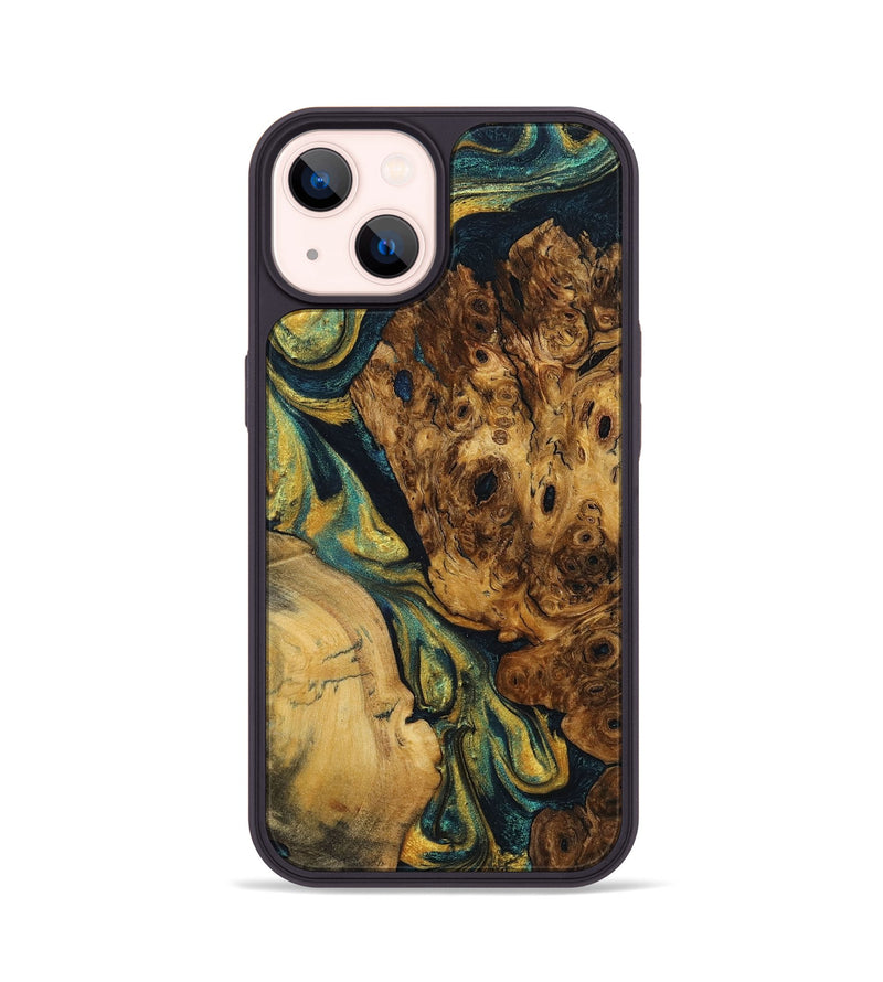 iPhone 14 Wood+Resin Phone Case - Johnny (Teal & Gold, 703626)