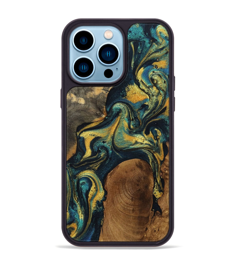 iPhone 14 Pro Max Wood+Resin Phone Case - Archie (Teal & Gold, 703627)