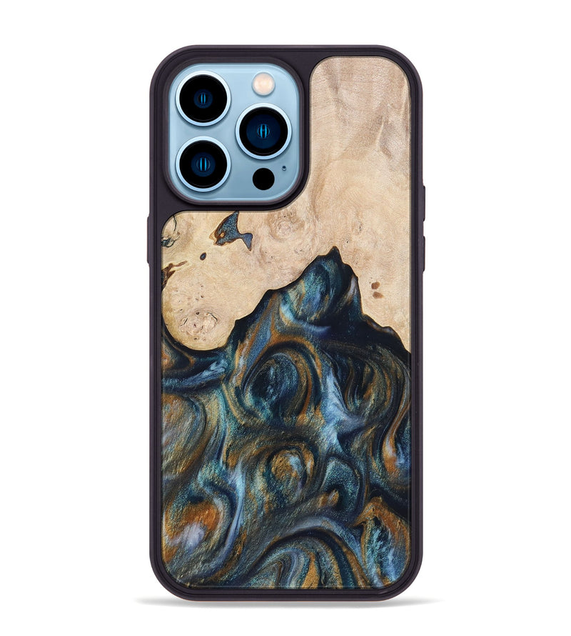 iPhone 14 Pro Max Wood+Resin Phone Case - Cameron (Teal & Gold, 703630)