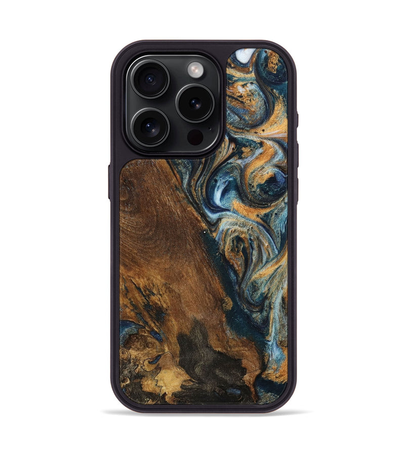 iPhone 15 Pro Wood+Resin Phone Case - Eden (Teal & Gold, 703632)