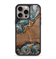 iPhone 15 Pro Max Wood+Resin Phone Case - Sherry (Teal & Gold, 703634)