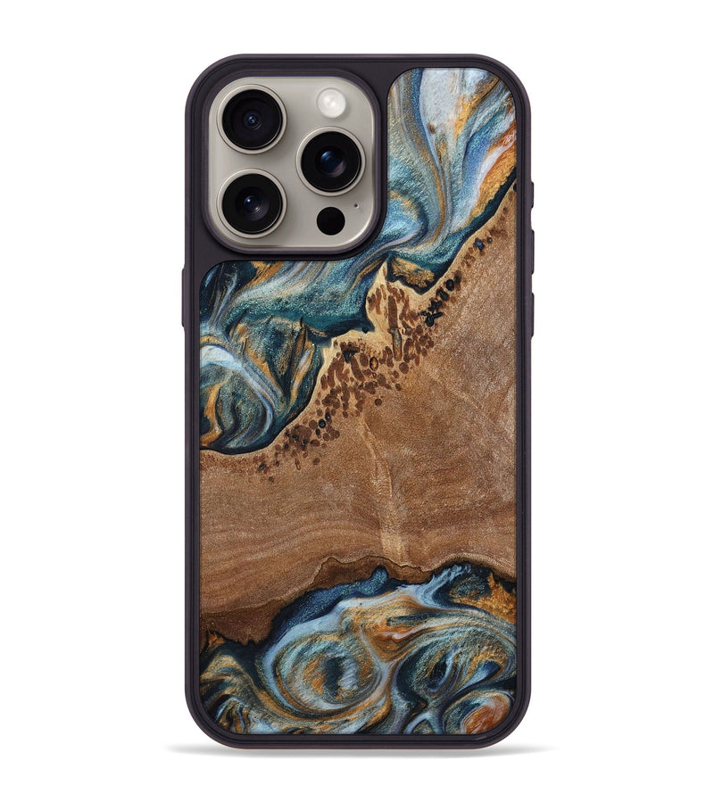 iPhone 15 Pro Max Wood+Resin Phone Case - Sherry (Teal & Gold, 703634)