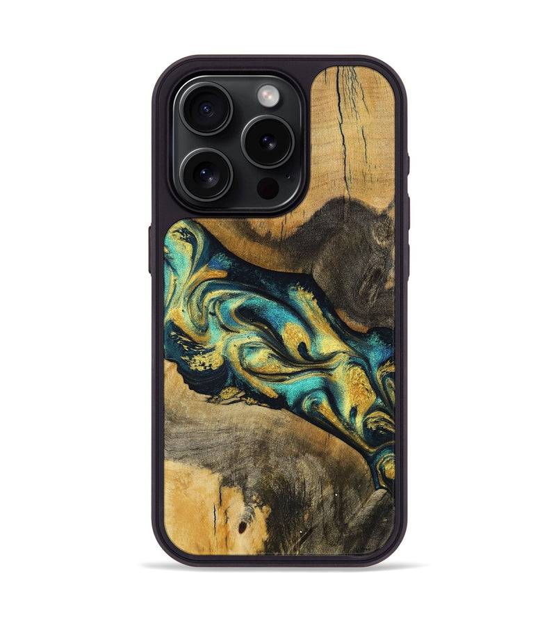 iPhone 15 Pro Wood+Resin Phone Case - Ana (Teal & Gold, 703636)