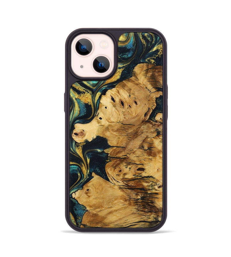 iPhone 14 Wood+Resin Phone Case - Sarah (Teal & Gold, 703638)
