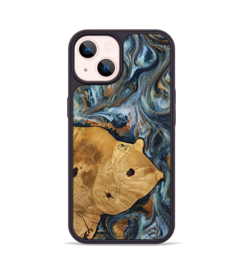 iPhone 14 Wood+Resin Phone Case - Maude (Teal & Gold, 703639)