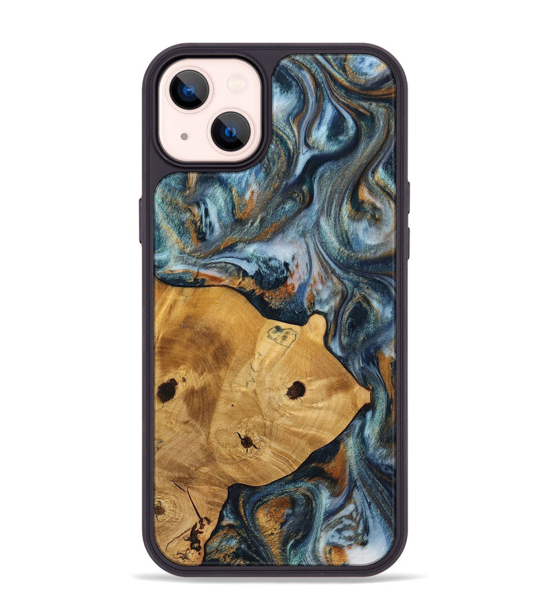 iPhone 14 Plus Wood+Resin Phone Case - Maude (Teal & Gold, 703639)