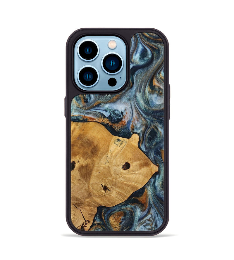 iPhone 14 Pro Wood+Resin Phone Case - Maude (Teal & Gold, 703639)