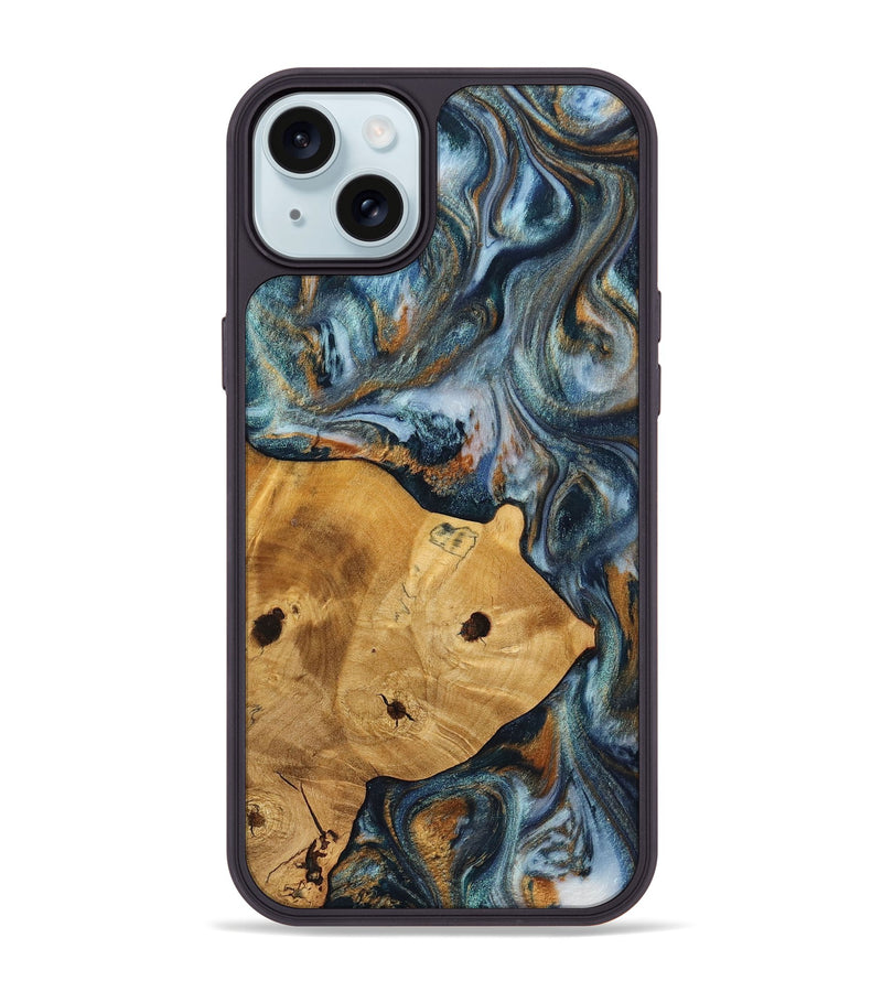 iPhone 15 Plus Wood+Resin Phone Case - Maude (Teal & Gold, 703639)
