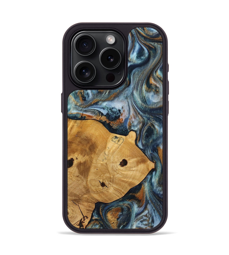 iPhone 15 Pro Wood+Resin Phone Case - Maude (Teal & Gold, 703639)