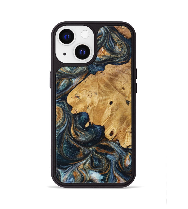 iPhone 13 Wood+Resin Phone Case - Ann (Teal & Gold, 703640)
