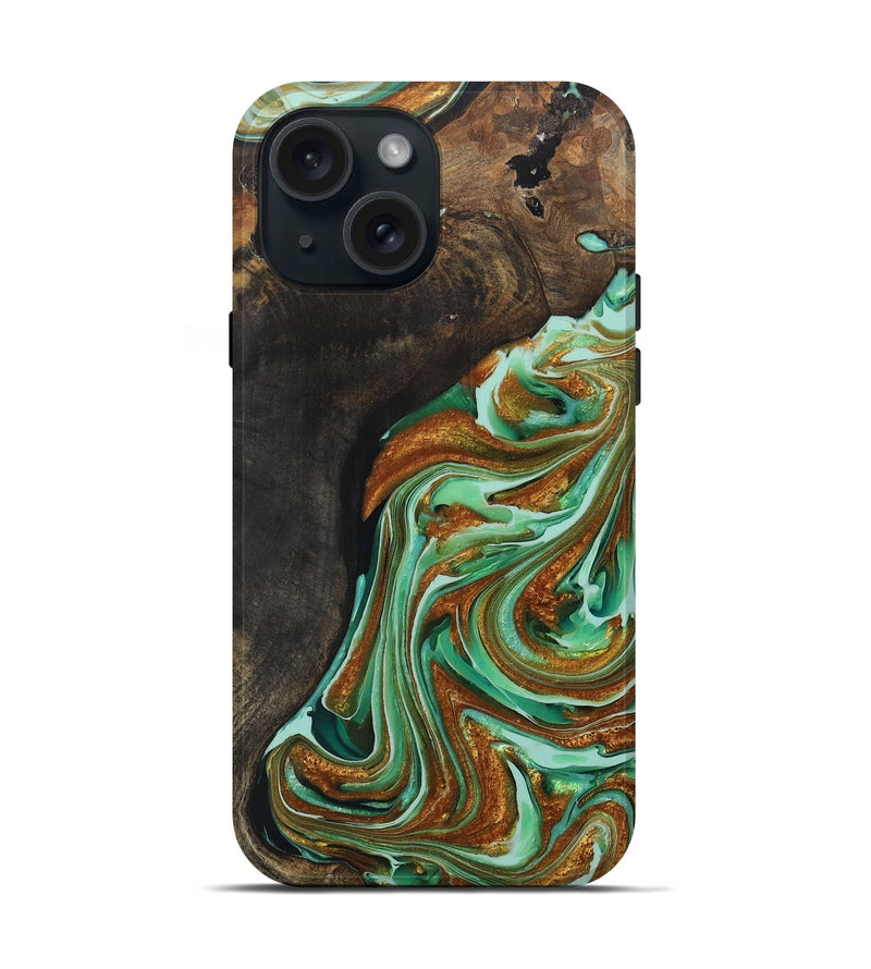 iPhone 15 Wood+Resin Live Edge Phone Case - Blakely (Green, 703773)
