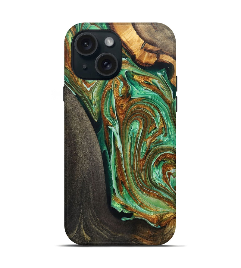 iPhone 15 Wood+Resin Live Edge Phone Case - Howard (Green, 703774)