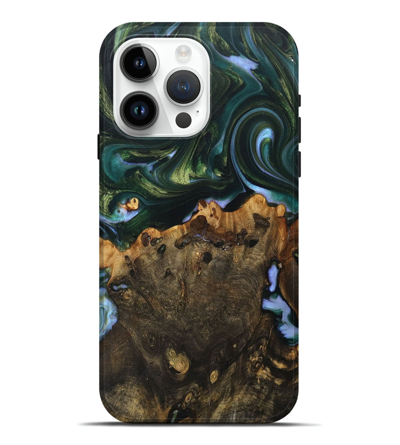 iPhone 15 Pro Max Wood+Resin Live Edge Phone Case - Dewey (Green, 703780)