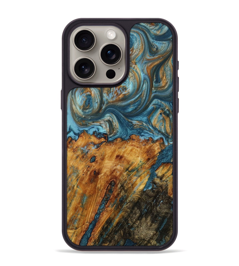 iPhone 15 Pro Max Wood+Resin Phone Case - Calvin (Teal & Gold, 704027)