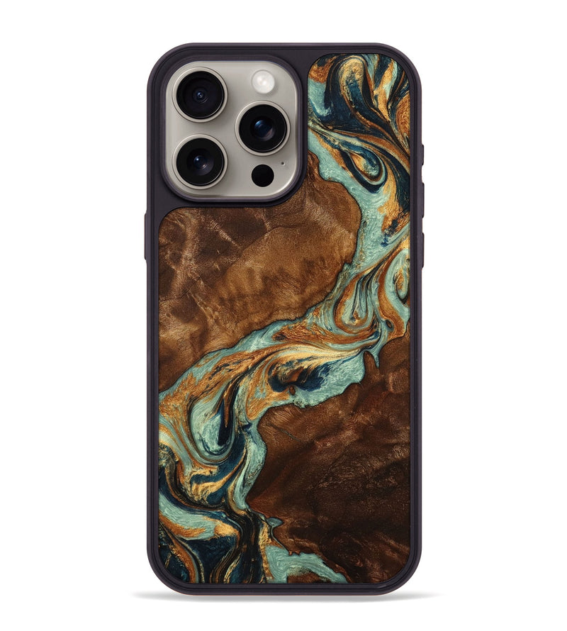 iPhone 15 Pro Max Wood+Resin Phone Case - Aspen (Teal & Gold, 704030)