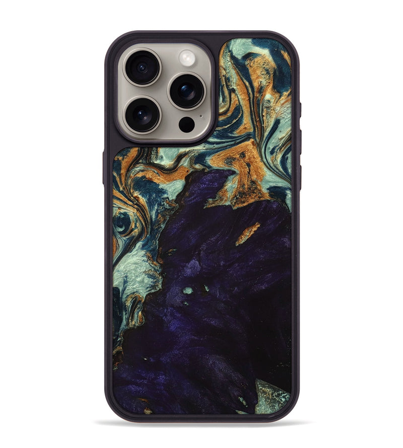 iPhone 15 Pro Max Wood+Resin Phone Case - Paris (Teal & Gold, 704034)