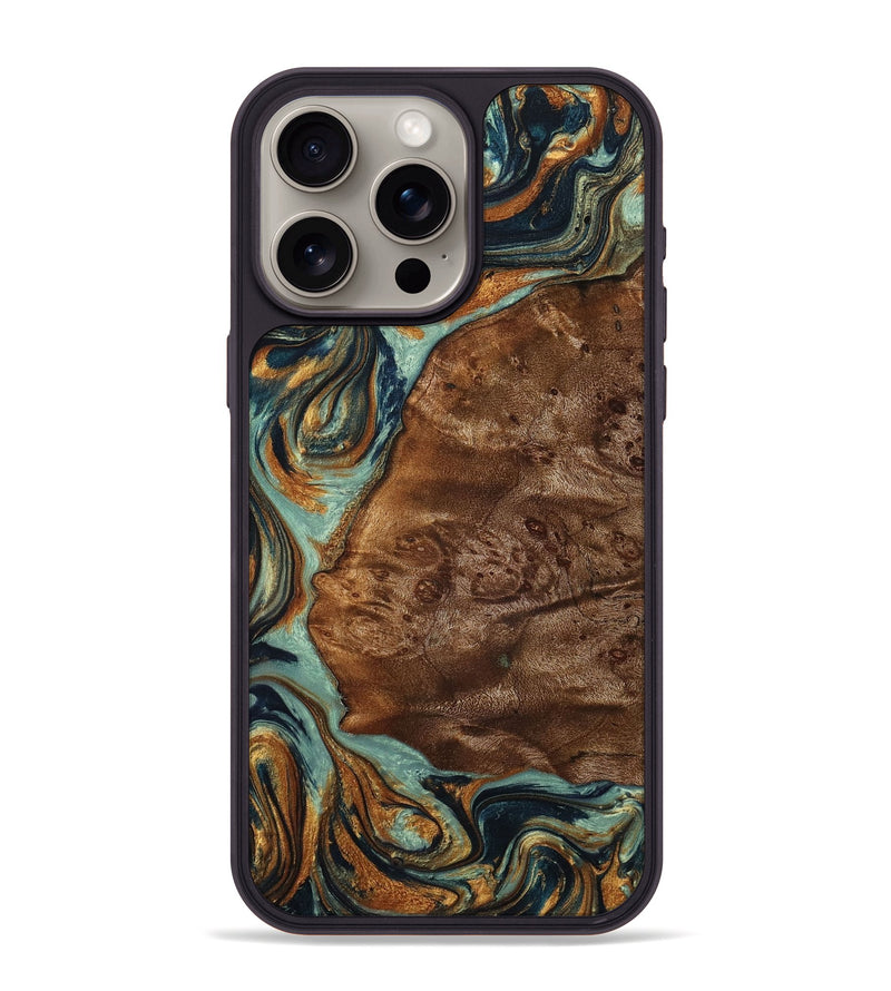 iPhone 15 Pro Max Wood+Resin Phone Case - Wallace (Teal & Gold, 704044)