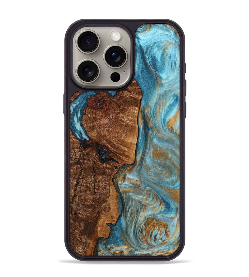 iPhone 15 Pro Max Wood+Resin Phone Case - Katrina (Teal & Gold, 704047)