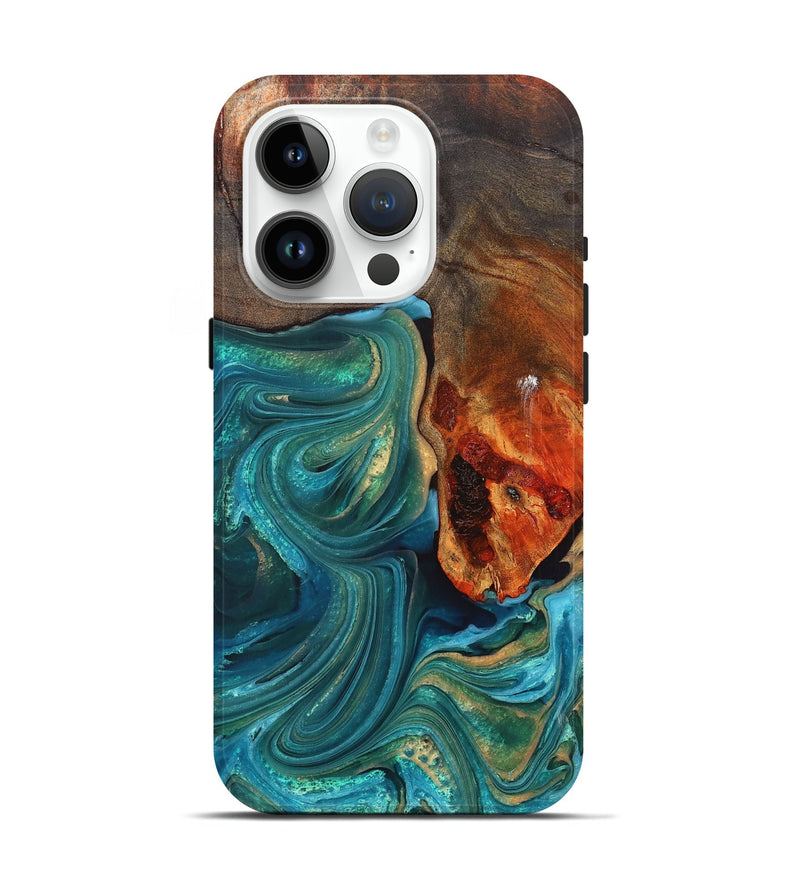 iPhone 15 Pro Wood+Resin Live Edge Phone Case - Salvatore (Teal & Gold, 705101)