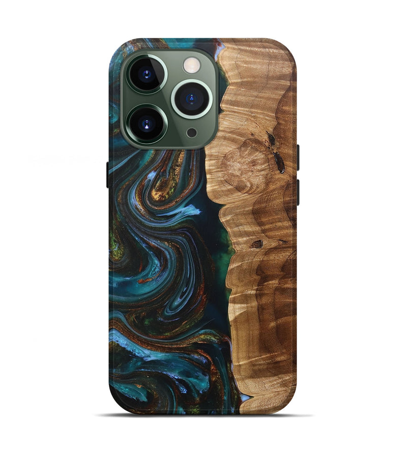 iPhone 13 Pro Wood+Resin Live Edge Phone Case - Jake (Teal & Gold, 705108)