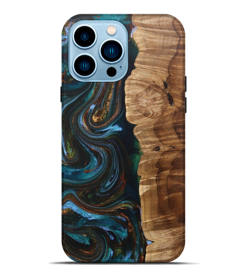 iPhone 14 Pro Max Wood+Resin Live Edge Phone Case - Jake (Teal & Gold, 705108)