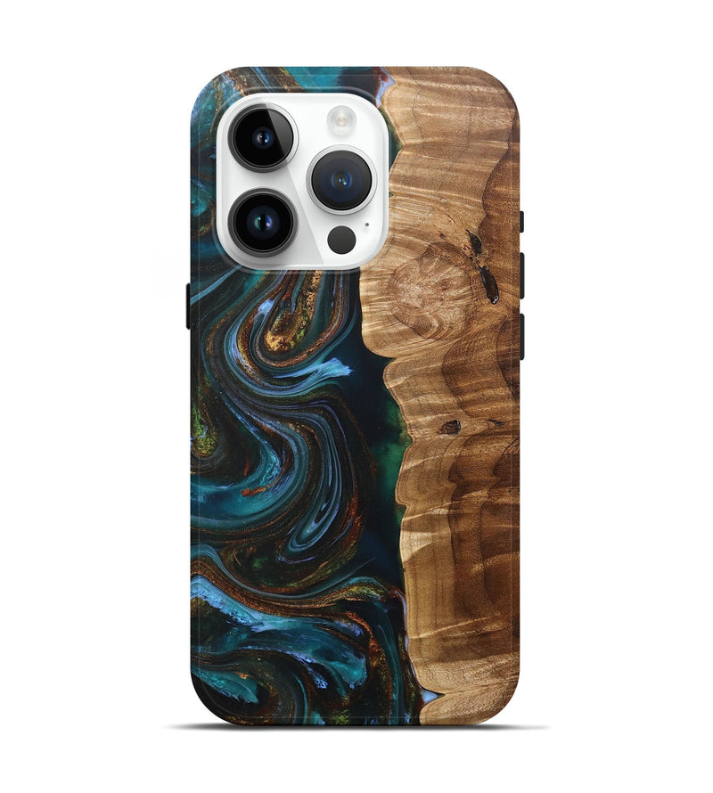 iPhone 15 Pro Wood+Resin Live Edge Phone Case - Jake (Teal & Gold, 705108)