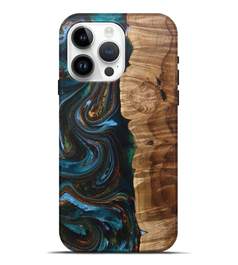 iPhone 15 Pro Max Wood+Resin Live Edge Phone Case - Jake (Teal & Gold, 705108)
