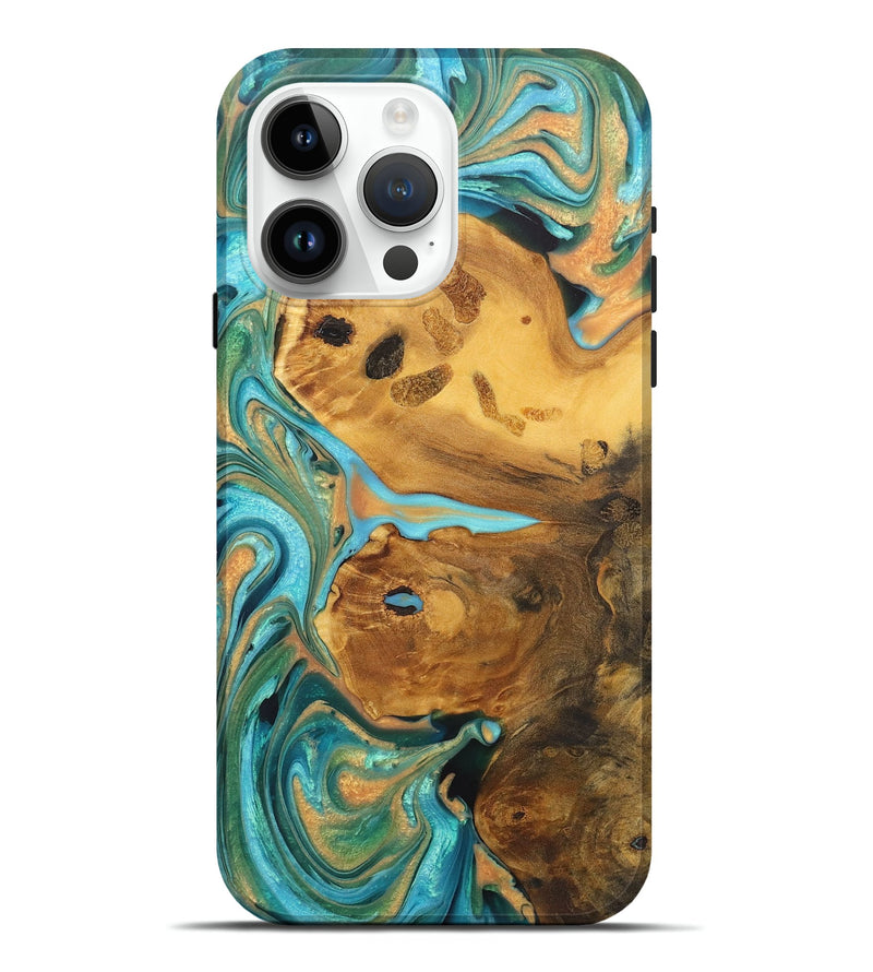 iPhone 15 Pro Max Wood+Resin Live Edge Phone Case - Edgar (Teal & Gold, 705110)