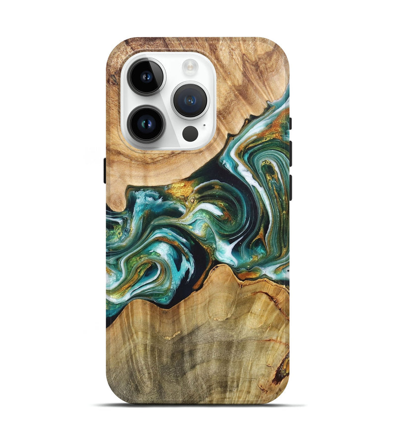 iPhone 15 Pro Wood+Resin Live Edge Phone Case - Cathleen (Teal & Gold, 705113)