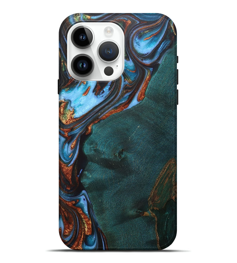 iPhone 15 Pro Max Wood+Resin Live Edge Phone Case - Enrique (Teal & Gold, 705223)