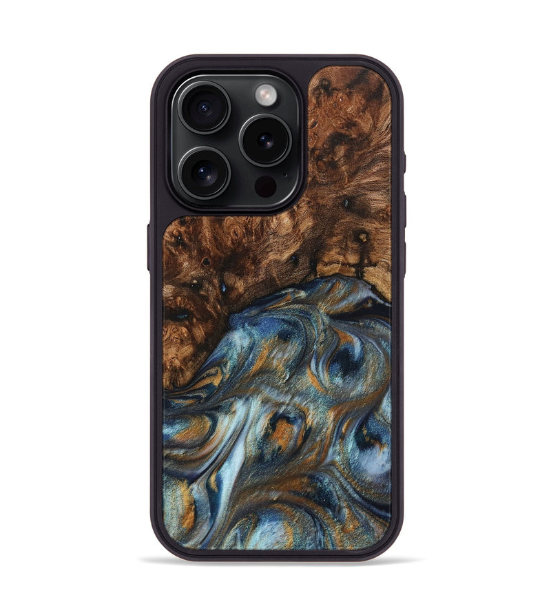 iPhone 15 Pro Wood+Resin Phone Case - Christi (Teal & Gold, 705303)