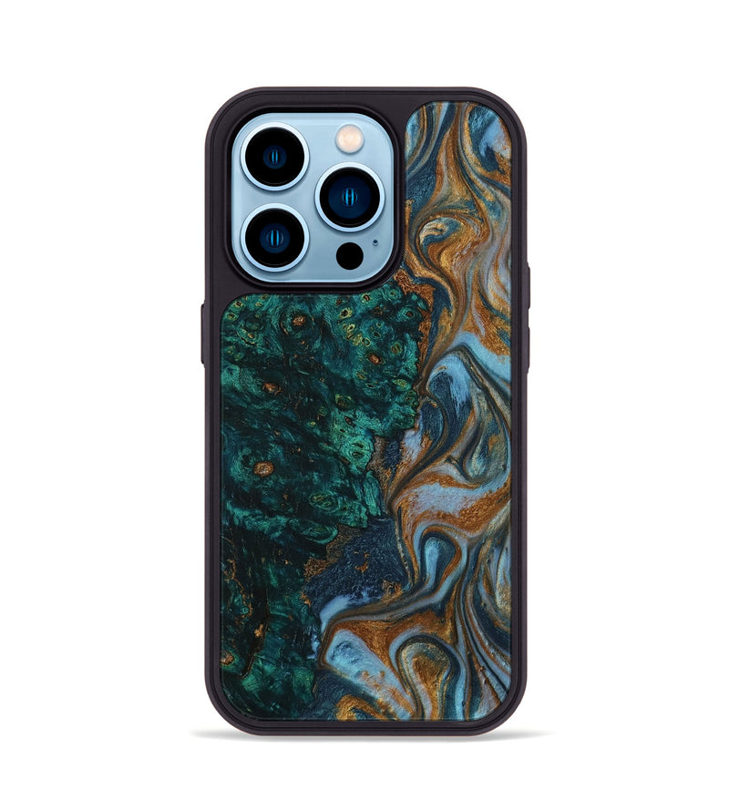 iPhone 14 Pro Wood+Resin Phone Case - Emely (Teal & Gold, 705526)