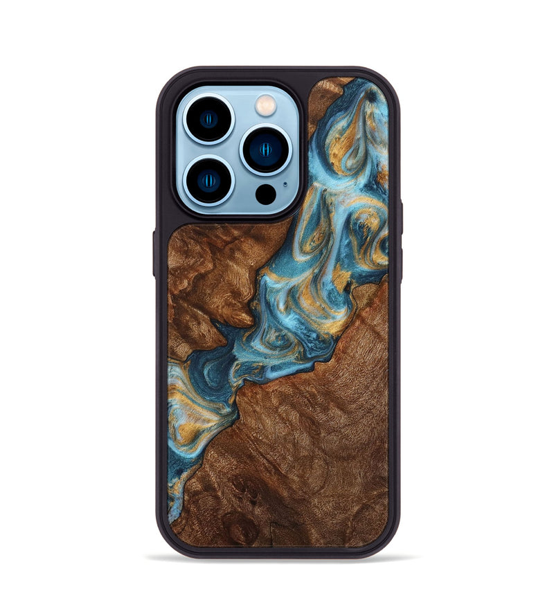 iPhone 14 Pro Wood+Resin Phone Case - Pam (Teal & Gold, 705541)