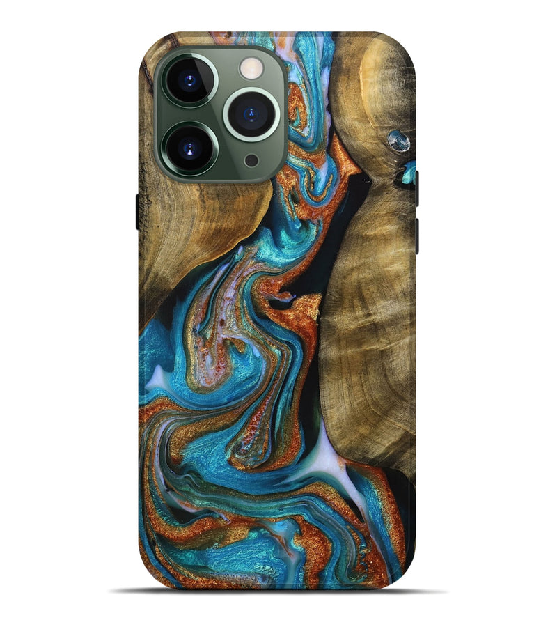 iPhone 13 Pro Max Wood+Resin Live Edge Phone Case - Damon (Teal & Gold, 706478)