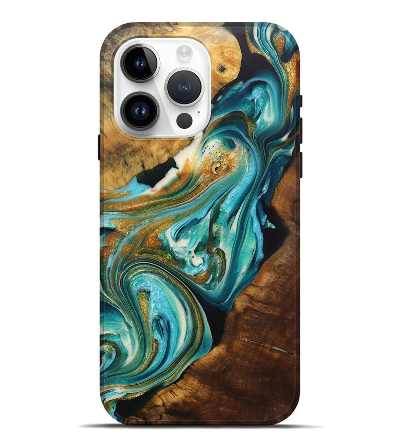 iPhone 15 Pro Max Wood+Resin Live Edge Phone Case - Nelson (Teal & Gold, 713495)