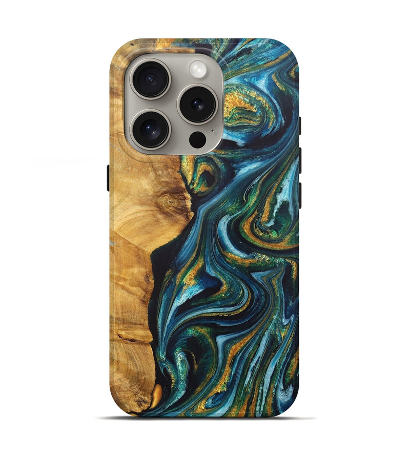 iPhone 16 Pro Wood+Resin Live Edge Phone Case - Earl (Teal & Gold, 717926)